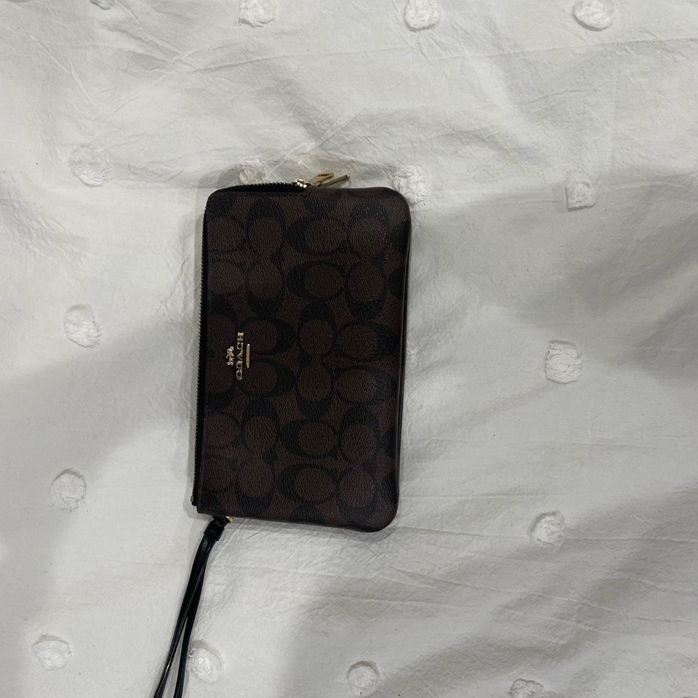 Coach Double Corner Zip Wristlet In Signature Canvas,  brown/black, Fairly new